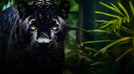 Foto op Plexiglas Black Panther Panthera Pardus in the forest background, black jaguar, jaguar panther wilderness nature © Iwankrwn