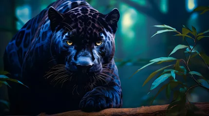 Tuinposter Black Panther Panthera Pardus in the forest background, black jaguar, jaguar panther wilderness nature © Iwankrwn