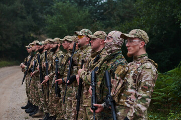 Soldier fighters standing together with guns. Group portrait of US army elite members, private...
