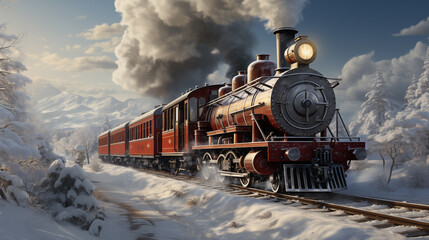 Fototapeta premium train on the snowy railway