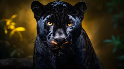 Foto op Aluminium Black Panther Panthera Pardus in the forest background, black jaguar, jaguar panther wilderness nature © Iwankrwn
