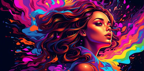 bold neon colors, cartoon style illustration of a woman as she sees the world while experiencing hallucinations, stoned, splash art, splashed neon colors, 