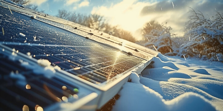 solar panels covered in snow at sunset or sunrise, winter forest