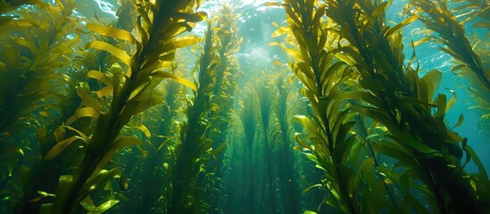 A kelp forest with tall stalks reaching the water surface, mainly exhibiting Ecklonia maxima from below. - obrazy, fototapety, plakaty