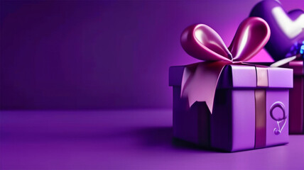 Purple gift box and heart shaped balloons on purple background birthday decoration. Valentine's Day. AI generative