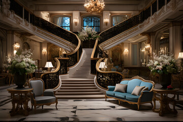 Fototapeta na wymiar Elegant Hotel Lobby with a Grand Staircase