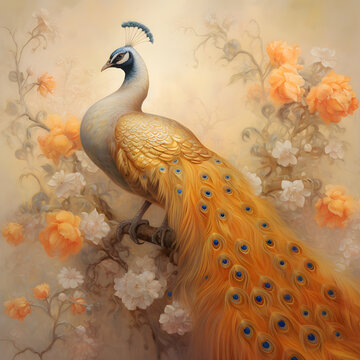 Ai Generated orange peacock floral background mural and canvas designs.