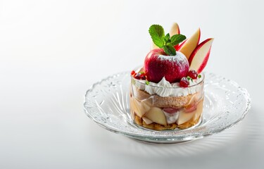 delicious sweet apple cake dessert with topping on white background, professional plating of luxury hotel food