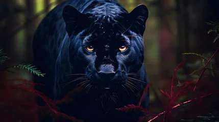 Plexiglas foto achterwand Black Panther Panthera Pardus in the forest background, black jaguar, jaguar panther wilderness nature © Iwankrwn