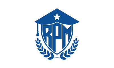 RPM three letter iconic academic logo design vector template. monogram, abstract, school, college, university, graduation cap symbol logo, shield, model, institute, educational, coaching canter, tech
