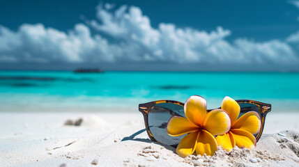Fototapeta na wymiar glasses and plumeria flower on the sand against the background of the sea.