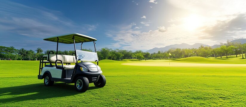 Golf cart car on the fairway of a golf course with fresh green grass and a sky of clouds and trees