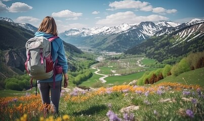 Fototapeta na wymiar Woman Admiring Majestic Mountain Landscape