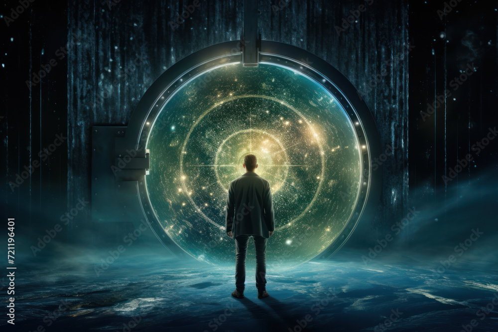 Poster a person looking through a keyhole with a galaxy inside, symbolizing the exploration of private univ
