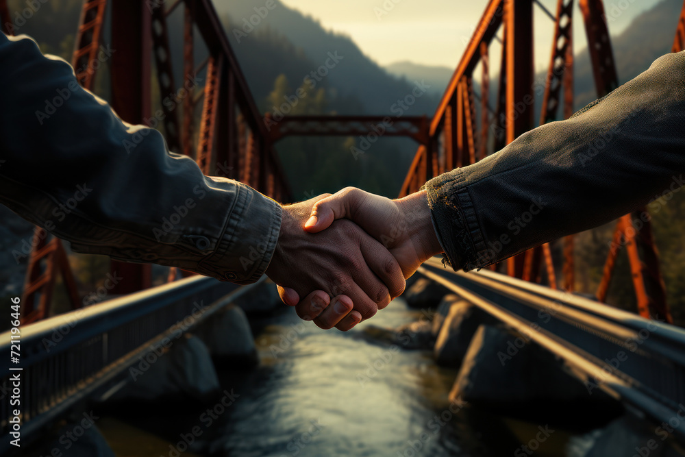 Poster a handshake forming a bridge over a digital divide, illustrating the bridging of gaps through trust.