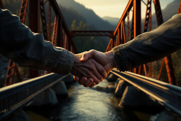 A handshake forming a bridge over a digital divide, illustrating the bridging of gaps through...