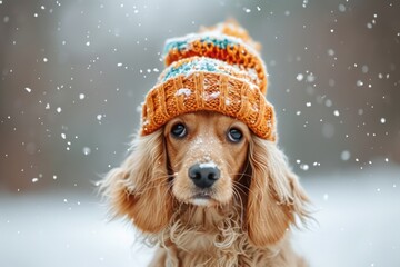 cute Afghan hound puppy in a knitted winter hat on a walk in a snowy park