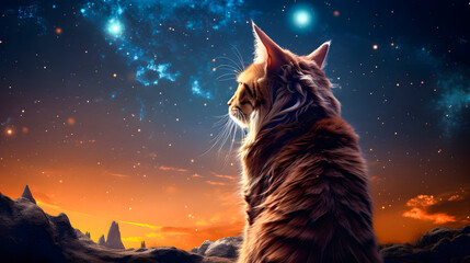 Red Maine Coon cat on a fantasy background. Fluffy pet. - obrazy, fototapety, plakaty