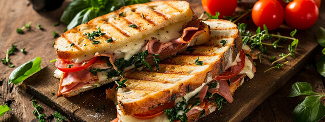 Grilled and pressed toast with smoked ham, cheese, tomato and lettuce served on wooden cutting board