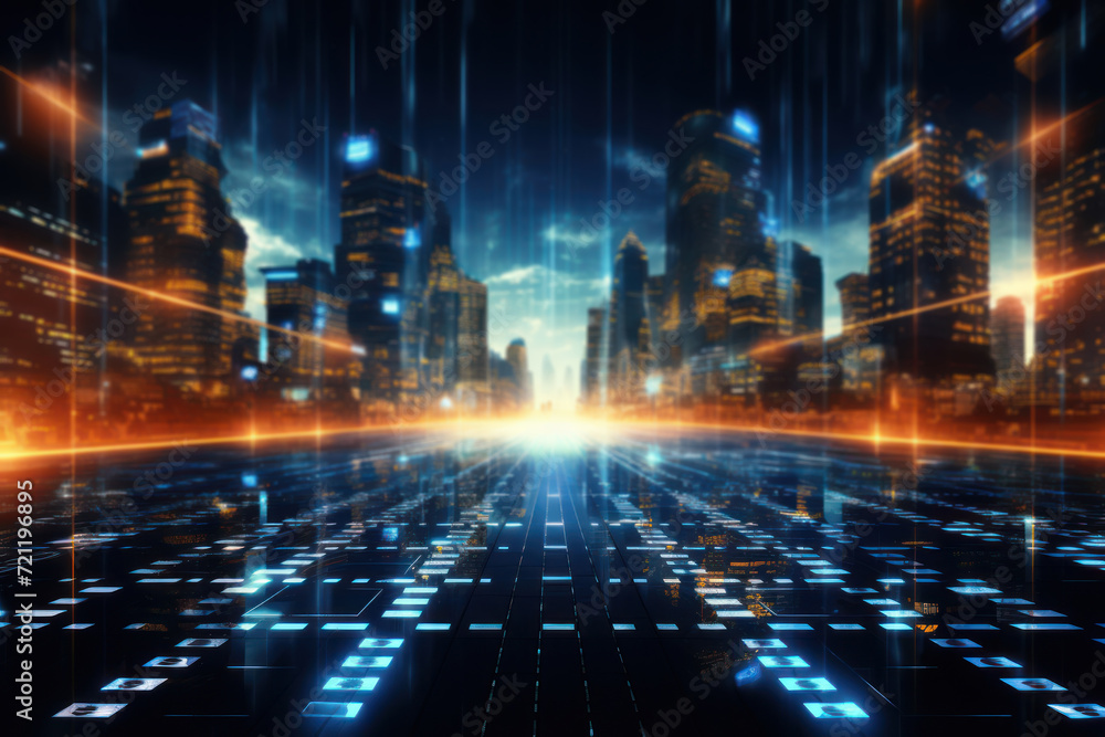 Poster a digital landscape where binary code transforms into a vibrant city, symbolizing the fusion of tech