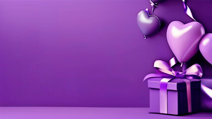 Purple gift box and heart shaped balloons on purple background birthday decoration. Valentine's Day. AI generative