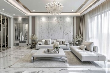 Opulent White and Silver Living Room Interior with Stylish and Cosy Decor