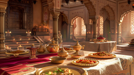 mughal style royal dinner, dinner setting, royal indoor dinner setting