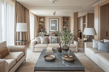 Fototapeta na wymiar Serene Living: Elegant Interior Design with Beige Tones, Modern Furniture, and Relaxing Ambiance