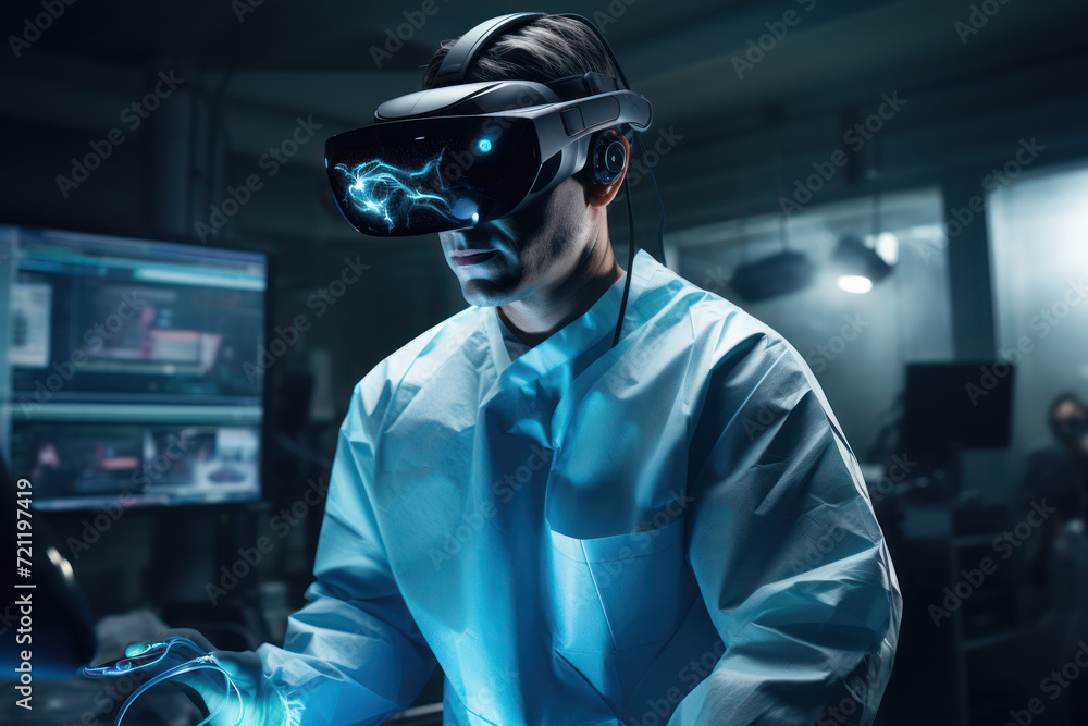 Poster a doctor using virtual reality to simulate surgery, showcasing the use of advanced technology in med