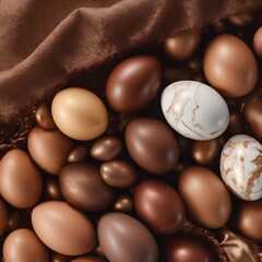 three chocolate eggs are lined up in the same row, one of them has a marbled egg shell 