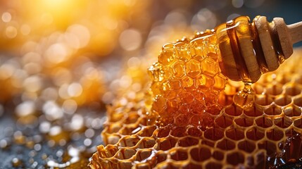 Honey close-up. Amber sweet honey in honeycomb. Transparent honey flows down the honeycomb - obrazy, fototapety, plakaty
