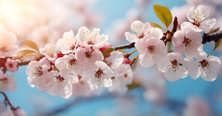 Spring banner with branches of blossoming cherry background with blue sky, landscape panorama.