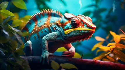 Obraz premium Colorful chameleon on a branch in the forest. Wildlife scene with chameleon background