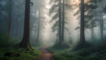 Morning mist enveloping a dense forest with towering trees and mysterious pathways