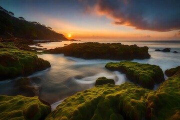 Obraz premium Beautiful seascape with sea wave hitting the green moss 