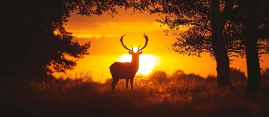 Majestic Backlit Silhouette of a Deer Framed Against an Enchanting Sunset
