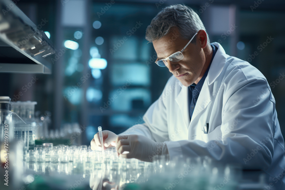Poster a pharmacist creating a custom compound in a lab, representing the customization of medication. conc