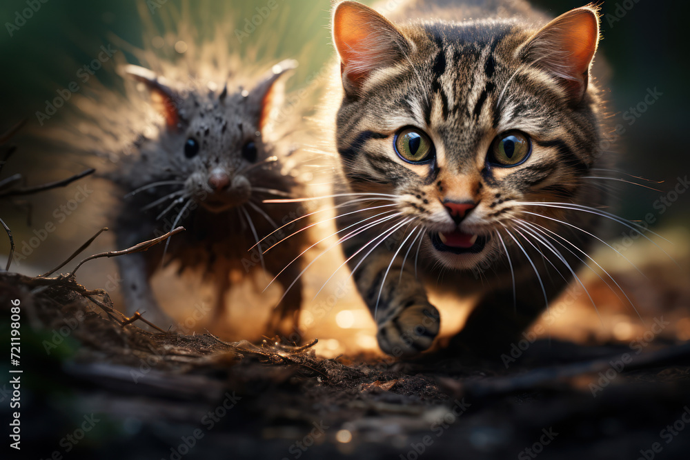Poster a mouse chasing a cat, depicting a reversal of the usual predator-prey dynamic for laughs. concept o