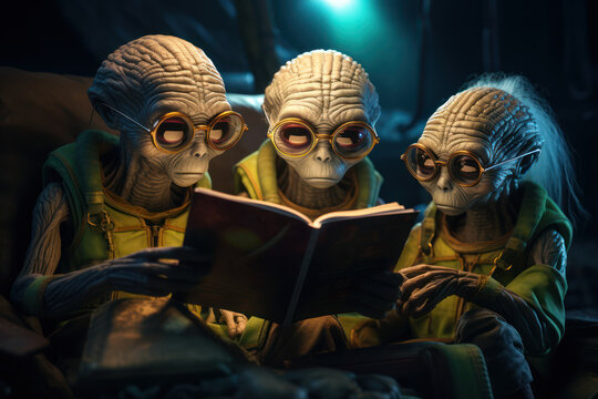 A group of aliens reading a book titled "How to Be Human", creating a humorous take on extraterrestrial life. Concept of cultural humor. Generative Ai.