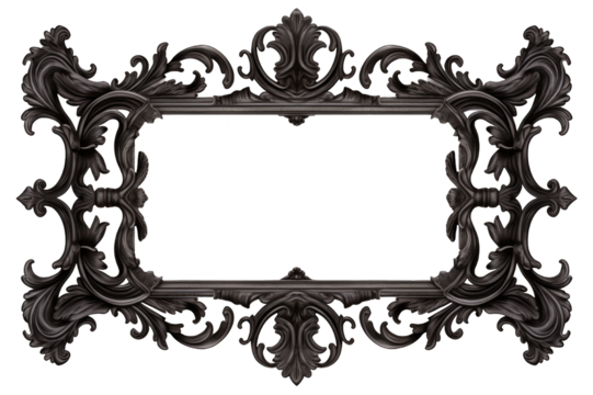 Mock-up empty Old wide ornamental baroque picture frame black wooden on a cut out PNG transparent background