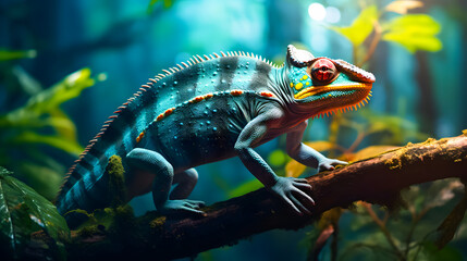 Colorful chameleon on a branch in the forest. Wildlife scene with chameleon background - obrazy, fototapety, plakaty