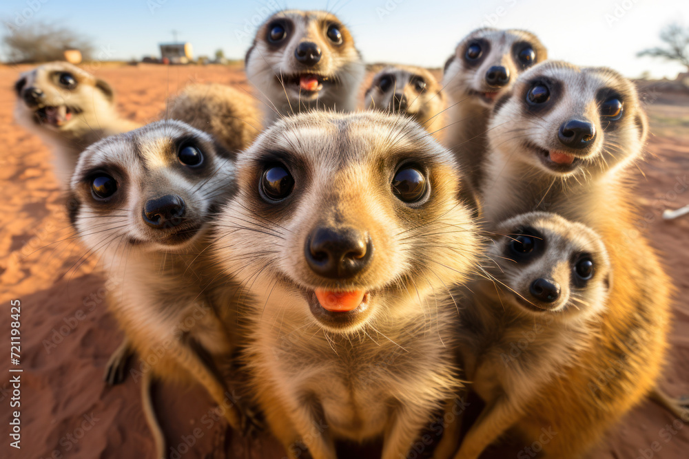 Sticker A group of meerkats taking a selfie, bringing a fun twist to wildlife behavior. Concept of animals mimicking human actions. Generative Ai.