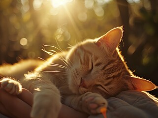 Cat sleeping on humans hand in the sunshine
