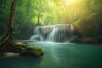streaming waterfall in tropical jungle rainforest. Name waterfall in thai national park in deep forest on mountain. Around of brook has green jungle from big tree.Forest protected by forester. 