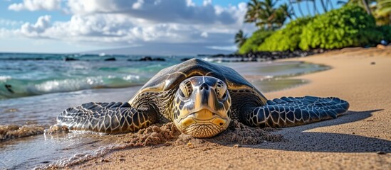 Resting sea turtle on Hawaiian beach after swimming.
