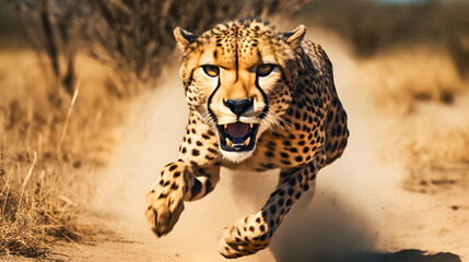 Cheetah running in the savannah in Kruger National Park, South Africa. Species Panthera pardus family of Felidae