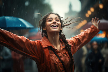 A dancer in the rain, moving freely, embodying liberation and exhilaration. Concept of liberating joy. Generative Ai. - obrazy, fototapety, plakaty