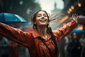 Fotobehang A dancer in the rain, moving freely, embodying liberation and exhilaration. Concept of liberating joy. Generative Ai. © Sebastian