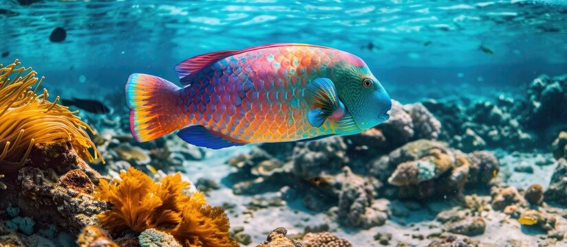 Vibrant Parrotfish eating on a reef
