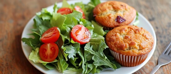 Fototapeta na wymiar Deliciously Fresh Salad and Muffin Combo: A Refreshing Twist with Fresh Salad Greens, Tantalizing Salad Dressing, and Scrumptious Homemade Muffins